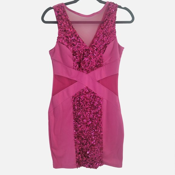 Poof Apparel Mesh Sequenced Hot Pink Bodycon Dress - Large, runs small - Picture 1 of 11